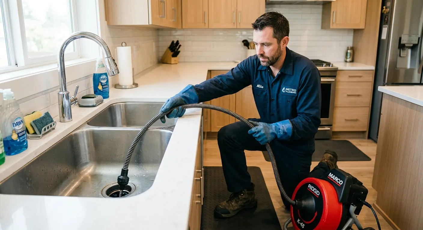 Drain cleaning technician using a motorized snake on a kitchen sink in Putnam Valley