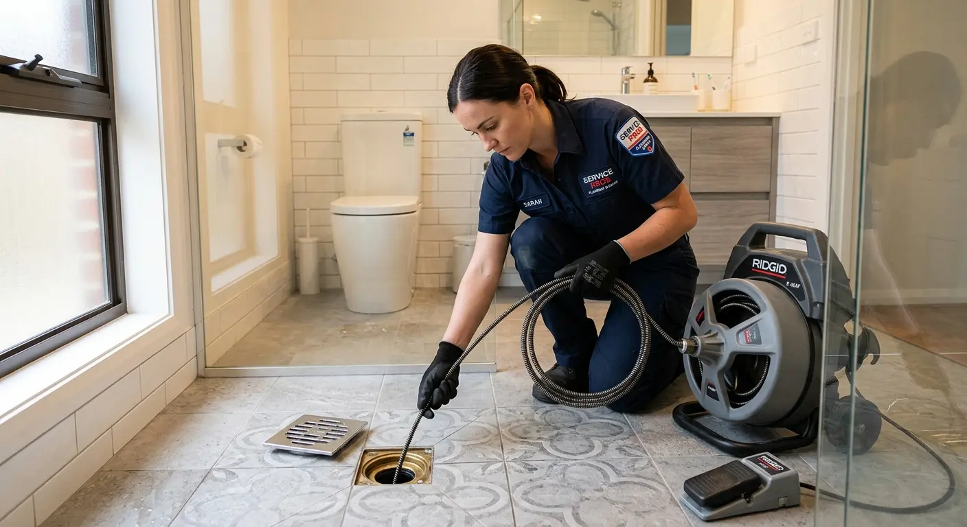 Technician clearing a bathroom floor drain for Sewer Line Replacement in Putnam Valley